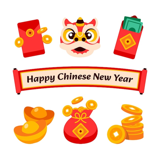 chinesisches Neujahrs-Flachdesign-Elemente Ikonen-Set chinesisches Cartoon-Ornament Vektorillustration EPS