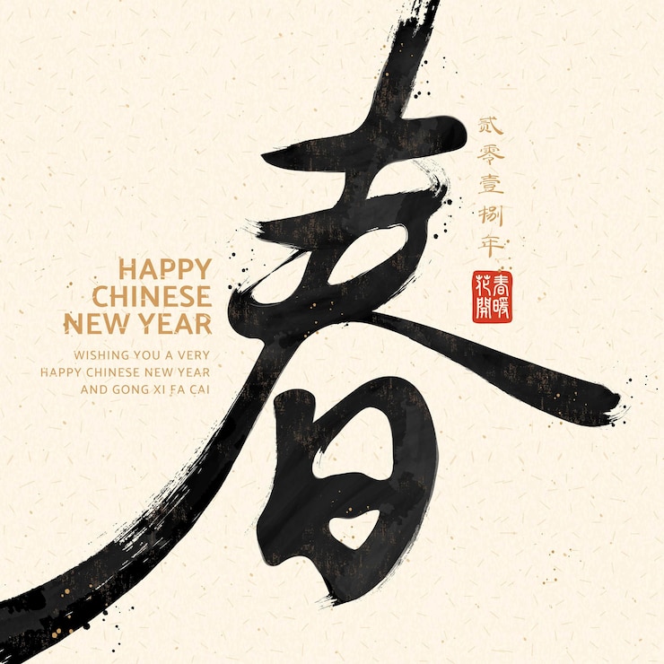 Vektor chinesisches neujahrsdesign mit frühlingskalligraphie auf einfachem beigem hintergrund