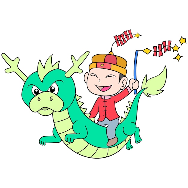 Chinesisches Neujahrsfest, das auf einem fliegenden Drachen reitet, Doodle Draw Kawaii. Illustrationskunst