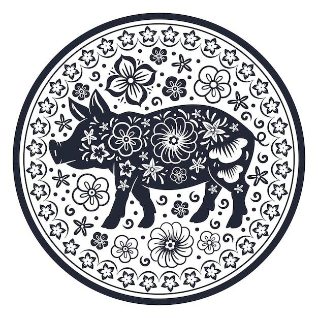 Chinesisches schwein sternzeichen horoskop schweinchen silhouette orientalischer astrologischer kalender lunar new year ferkel zeichen flache vektorgrafiken
