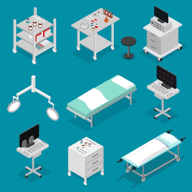 Vektor chirurgie-ikonen stellen isometrische ansichtsmöbel für das innere der klinik-krankenhaus-medizin ein. vektor-illustration