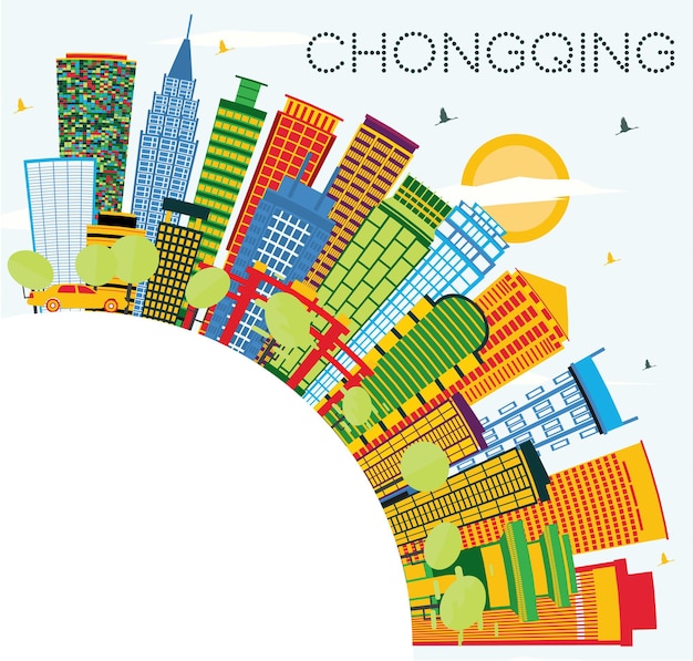 Chongqing china city skyline mit farbgebäuden, blauem himmel und textfreiraum. vektor-illustration. geschäftsreise- und tourismuskonzept mit modernen gebäuden. chongqing-stadtbild mit sehenswürdigkeiten.