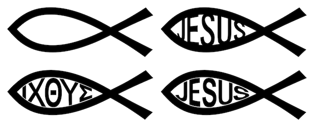 Vektor christian ichthys-symbol. zwei schwarze bögen, die fischen ähneln. version ohne text, mit griechischen buchstaben i ch th ys (steht für jesus christus, sohn gottes, retter) und dem wort jesus im inneren.