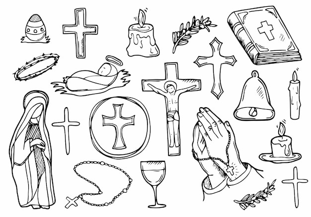 Christliche Religion Doodle Icon Set Sammlung von Ostervektorillustrationen