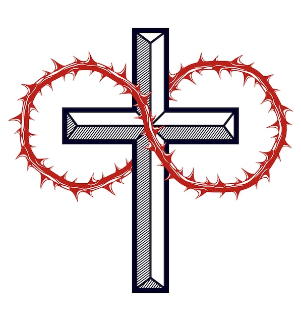 Vektor christliches kreuz mit schwarzdorn-dorn-vektor-religionslogo oder -tätowierung, leidenschaft des christus.