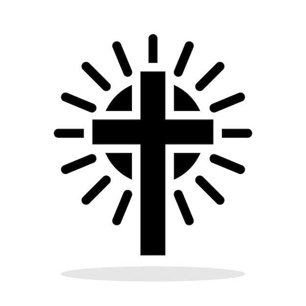 Christliches Kreuz-Symbol Schwarzes Symbol des christlichen Kreuzes mit Sonnenstrahlen Religiöses Symbol