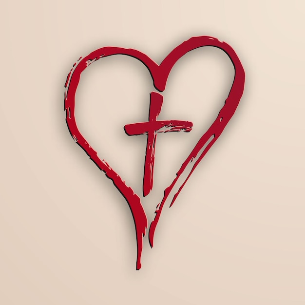 Christliches rotes Kreuz und Herz, gezeichnet mit Pinsel-Vektor-Illustration