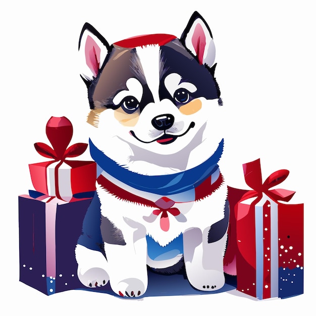 Vektor christmas husky puppy hand drawn cartoon sticker icon concept isolated illustration