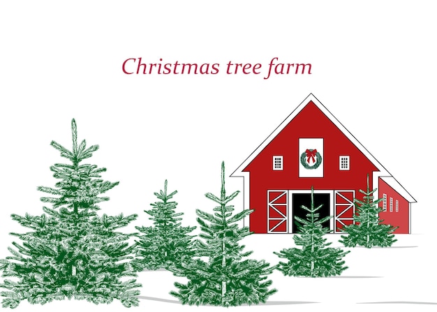 Vektor christmas tree farm landschaft mit weihnachtsbäumen und farm vector vintage illustration farbskizze