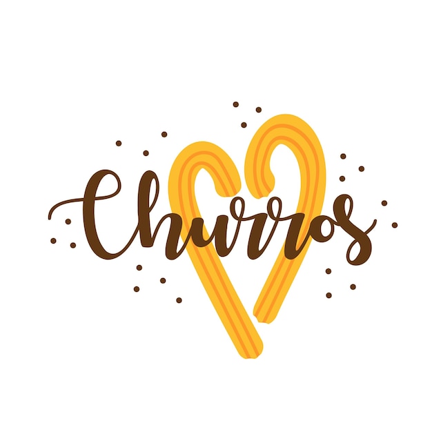 Churros Handgezeichneter Schriftzug mit Churros-Sticks in Herzform Vektor