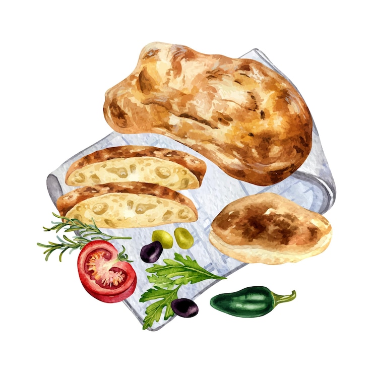 Vektor ciabatta ganz auf einer baumwoll serviette aquarell illustration isoliert auf weißem hintergrund scheibe ciabatta mit oliven und tomaten handgezeichnet gemaltes brot auf tischtuch element für design bäckerei