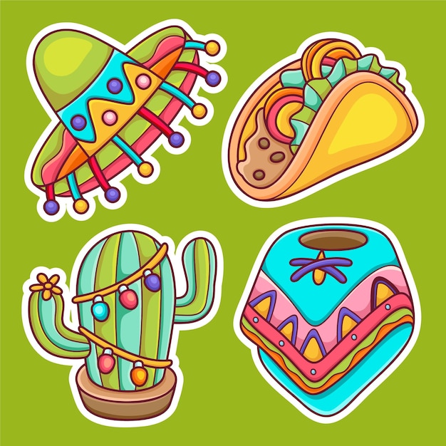 Cinco de mayo aufkleber symbole handgezeichnete färbung vektor