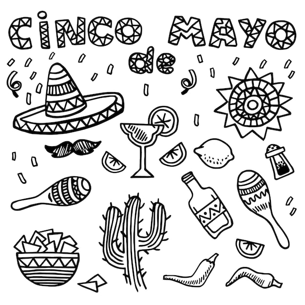 Vektor cinco de mayo handgezeichneter vektorsatz mexikanischer symbole