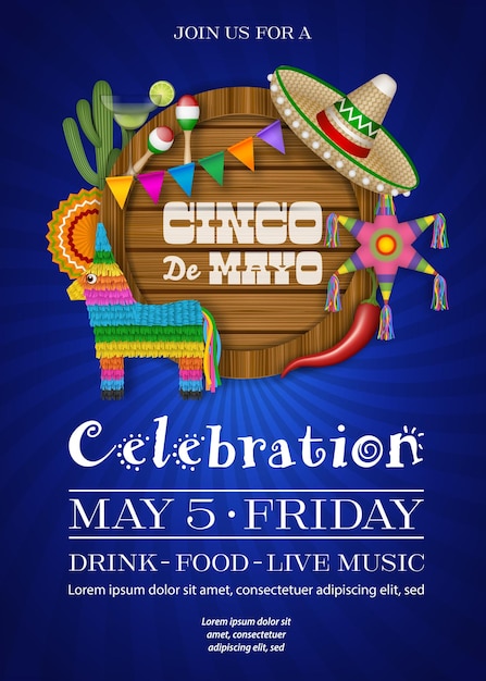 Vektor cinco de mayo poster mit mexikanischen symbolen und holzschild cinco de mayo flyer