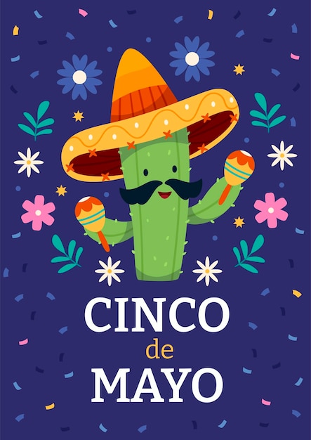 Vektor cinco de mayo sombrero chili pfeffer kaktus und maracas festliches design für die feier