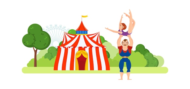 Circus chapiteau gebäude athlet hält mädchen in sportbekleidung an den händen