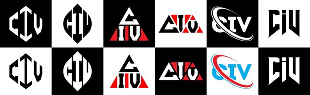 Vektor civ buchstaben-logo-design in sechs stilen civ polygon kreis dreieck hexagon flacher und einfacher stil mit schwarz-weißer farbvariation buchstaben-logo-set in einem artboard civ minimalistisches und klassisches logo