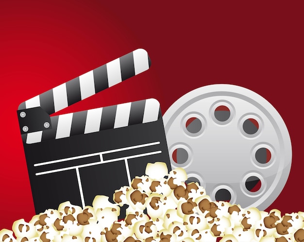 Vektor clapper board mit filmstreifen und popcorn-vektor-illustration