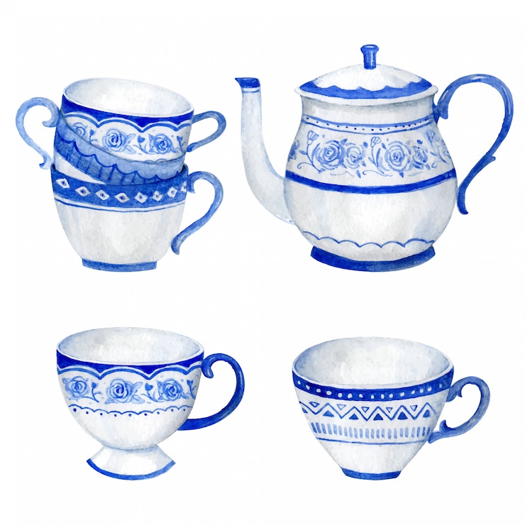 Vektor clasicc blue teekanne und tassen mit vintage blumenornamenten