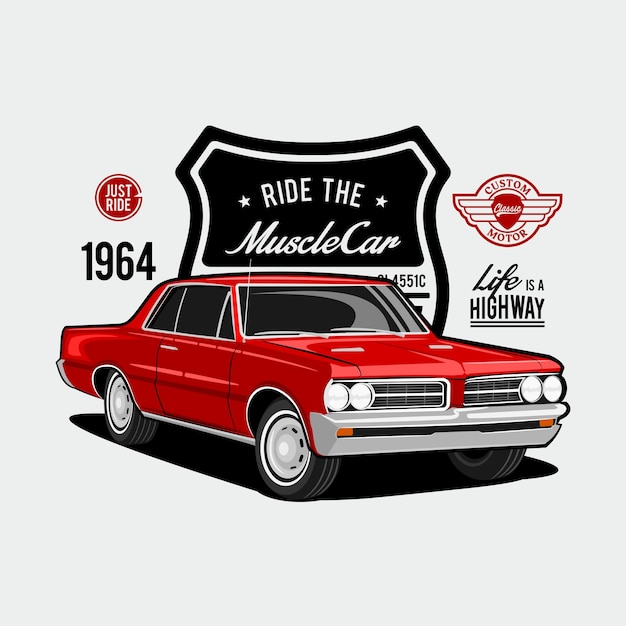 Classic red car mit einem badge-text ride the muscle car perspektive klassische autoansicht