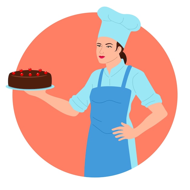 Vektor clipart einer köchin, die stolz einen schokoladenkuchen hält. dieses bild eignet sich perfekt für bäckereiwerbung, dessertrezepte und kochblogs