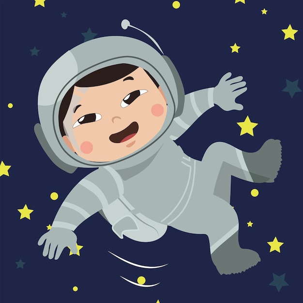 Clipart eines süßen Astronautenjungen, der im Weltraum schwebt, mit dunkelblauem Himmel und Sternen als Hintergrund