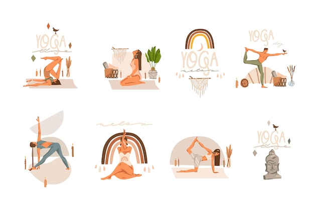 Clipart-Illustrationen mit Charakter junger glücklicher Menschen, Meditation und Yoga-Praktiker