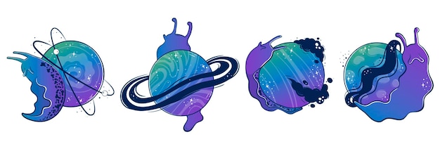 Clipart-sammlung mit mystischen nacktschnecken mit einem weltraumplaneten anstelle eines muschelhauses