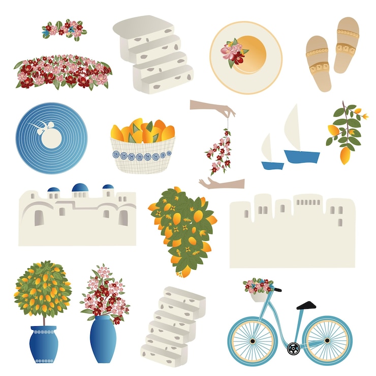 Vektor clipart-satz von vektorillustrationen sommerreisekonzept abstrakter ort früchte blumen und reiseartikel reise-vektorillustrationen und -design