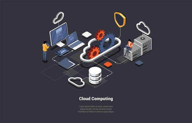 Cloud computing bereitstellung von computing-diensten, einschließlich server, speicher, datenbanken, netzwerksoftware, analyse und intelligenz, um eine schnellere innovation anzubieten. isometrische 3d-vektorillustration
