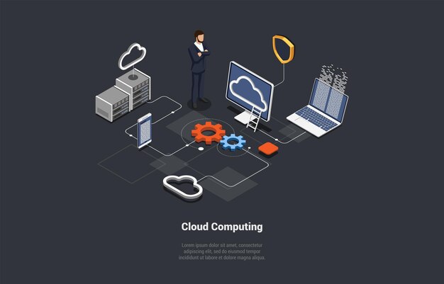 Cloud Computing Bereitstellung von Computing-Diensten, einschließlich Server, Speicher, Datenbanken, Vernetzung und Software OnDemand, Verfügbarkeit von Computersystemressourcen, isometrische 3D-Vektordarstellung