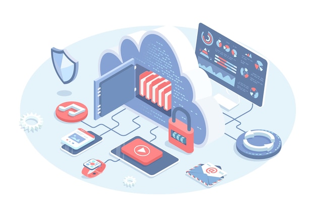 Cloud-Computing-Datenverarbeitungszentrum Cloud-Datenbank Sichere Verbindung Vektor-Illustration in 3