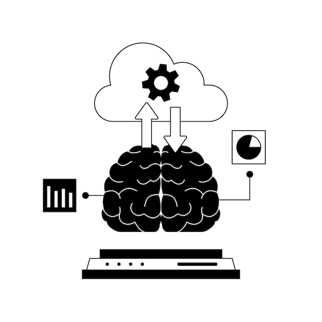 Cloud-computing der künstlichen intelligenz der gehirntechnologie ai zukünftige große datenverarbeitung deep-learning-internetserver schwarze illustration