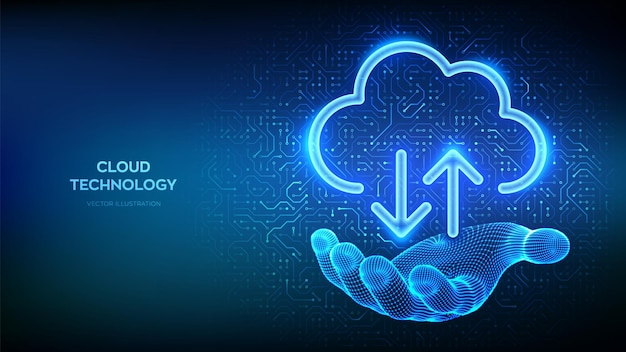 Cloud-Computing-Dienst Cloud-Symbol in der Wireframe-Hand Sichere Cloud-Speicherung Datenbank-Speicherung Datenzentrum Hochladen Download-App Schaltplattenmuster PCB gedruckte Schaltung Textur Vektor-Illustration