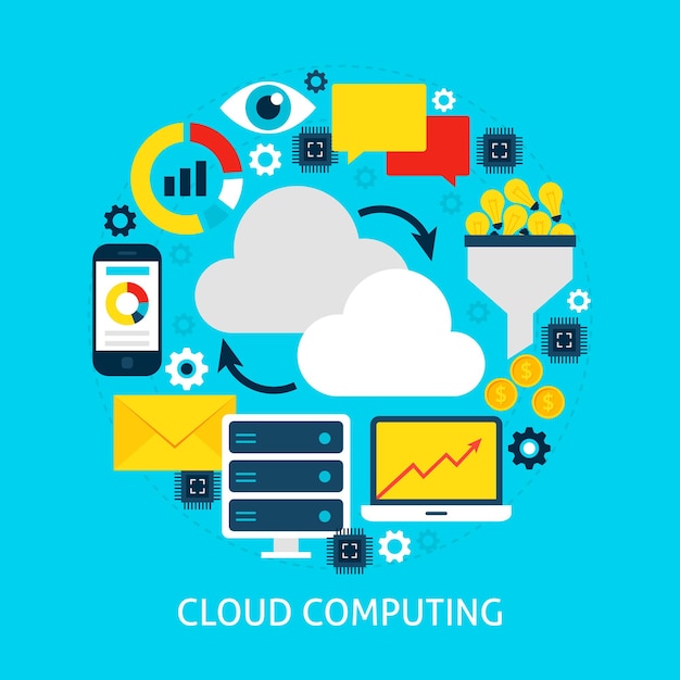 Cloud-Computing-flaches Konzept. Poster-Design-Vektor-Illustration. Satz von Big-Data-Objekten.
