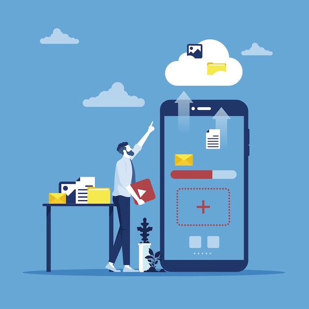 Cloud-Computing-Geschäftstechnologiekonzept mit Geschäftsmann, der Datei vom Smartphone in die Cloud hochlädt