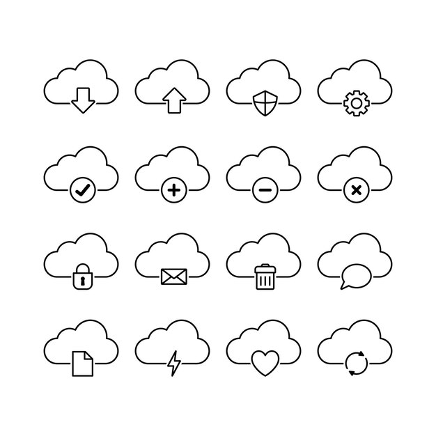 Vektor cloud-computing-ikonensatz cloud-technologie-ikonen cloud-speicher-download-konzept-symbole