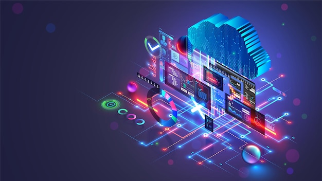 Cloud computing isometric concept Cloud storage in software development Digital internet technology Database remote administration Cloud technology data center Abstract computer interface