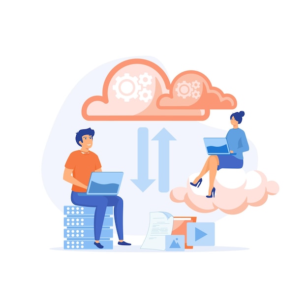 Cloud-Computing-Konzept, Mann und Frau verarbeiten Informationen an Laptops mithilfe von Cloud-Technologie, flache, moderne Illustration