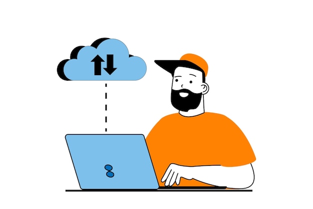 Cloud-Computing-Konzept mit Menschenszene im flachen Webdesign. Mann synchronisiert Daten im Cloud-Speicher, arbeitet am Laptop und teilt Dateien. Vektorillustration für Social-Media-Banner-Marketingmaterial