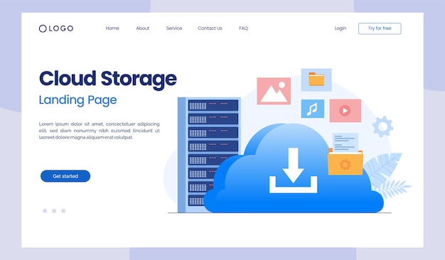 Cloud-computing-konzept rechenzentrum dateiverwaltung cloud-speicher flache illustration vektor landing page