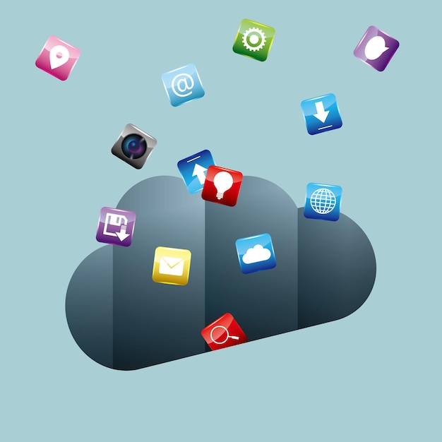Cloud-Computing-Konzeptdesign. Isoliert auf blauem Hintergrund.