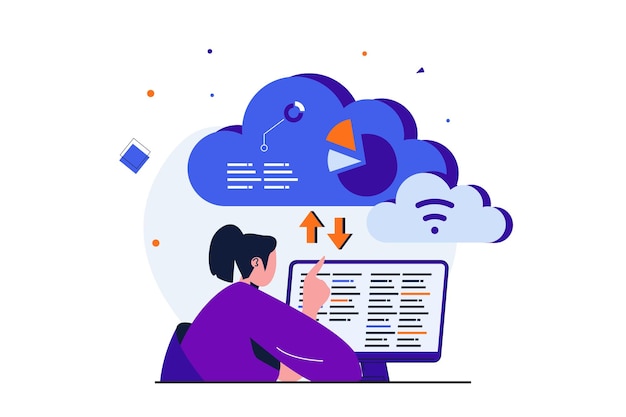 Cloud Computing modernes flaches Konzept für Web-Banner-Design Entwicklerin, die am Computer arbeitet