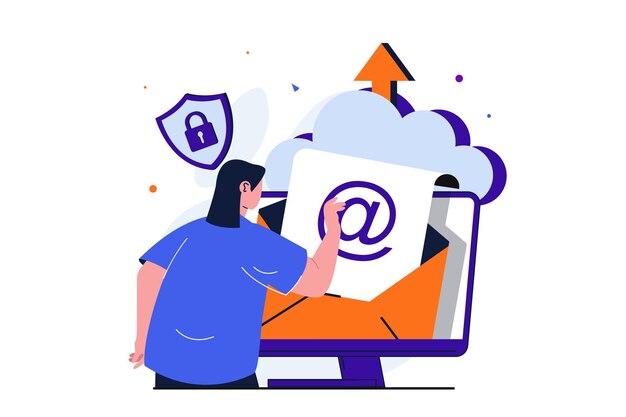 Cloud Computing modernes flaches Konzept für Web-Banner-Design Frau sendet und empfängt E-Mail-Speicher