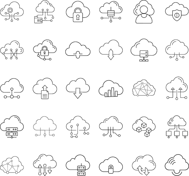 Cloud-Computing-Symbole Netzwerksicherheit Datenspeicherung Aufladen Herunterladen
