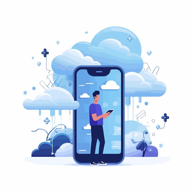 Vektor cloud_computing_with_man_using_a_smartphone