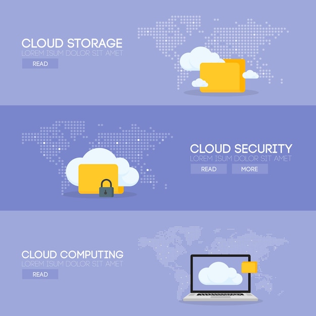 Cloud-Coputing-Speicherservice und Sicherheitsbanner-Konzept. Vektor-Illustration.