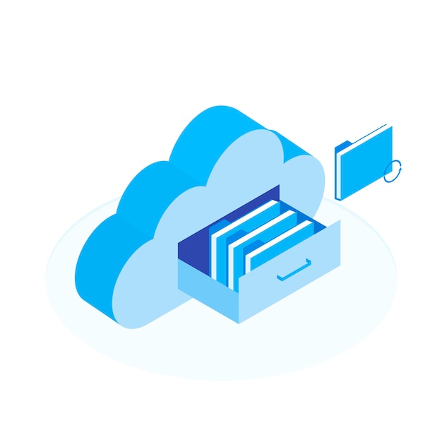 Cloud-Datenspeicher flach isometrisches 3D-Business-Technologie-Server-Konzept. Dokumentenschublade im wolkenförmigen Schrank. Moderne isometrische Vektorillustration.