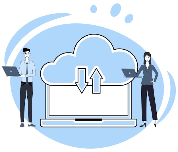 Cloud-Datenspeicherung Datenaustausch mit Cloud-Technologien Menschen vor dem Hintergrund eines Laptops