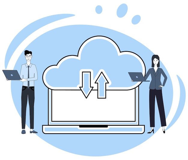 Cloud-datenspeicherung datenaustausch mit cloud-technologien menschen vor dem hintergrund eines laptops